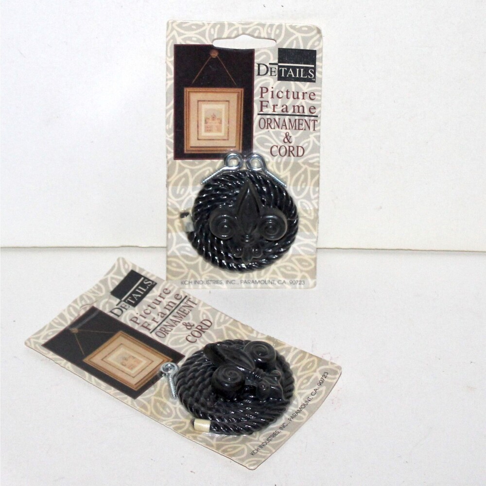 2 Picture Frame Ornament and Cord Fleur de Lis wall decoration medallion black